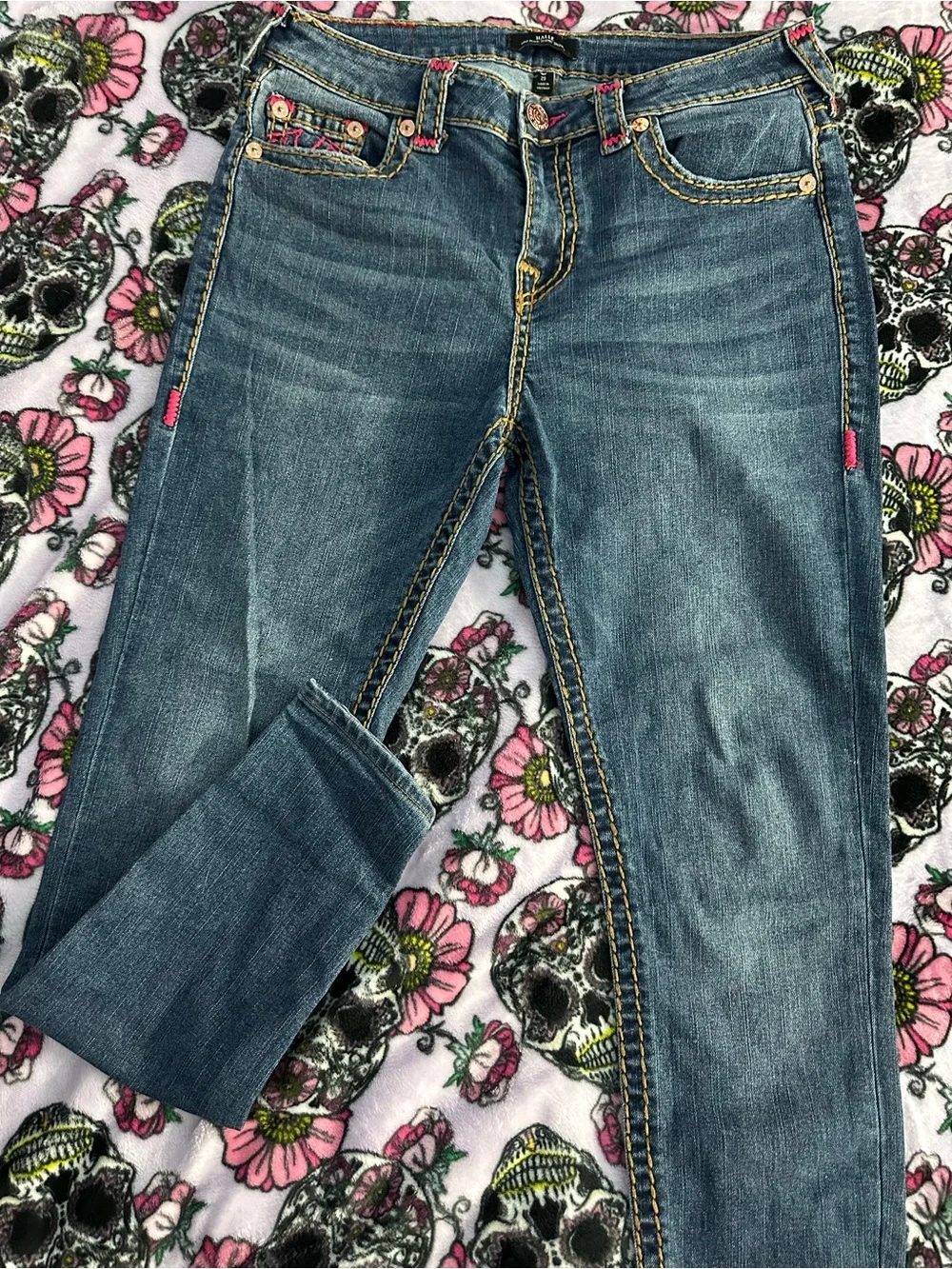 True Religion Dark Blue Skinny Jeans with Pink Stitching